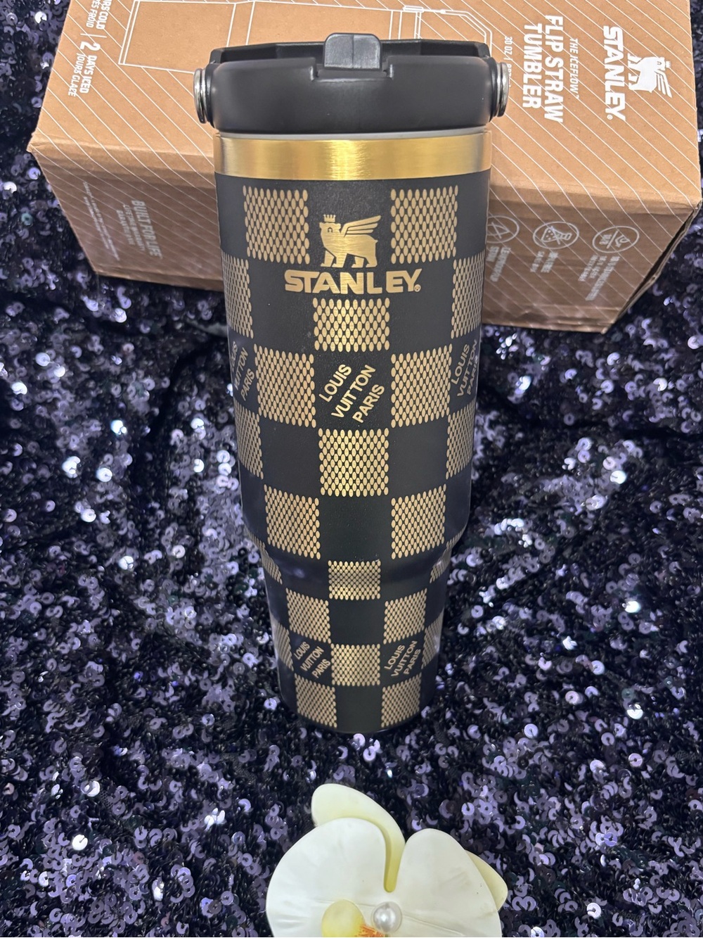 30 oz Black  Gold Checker Travel Tumbler